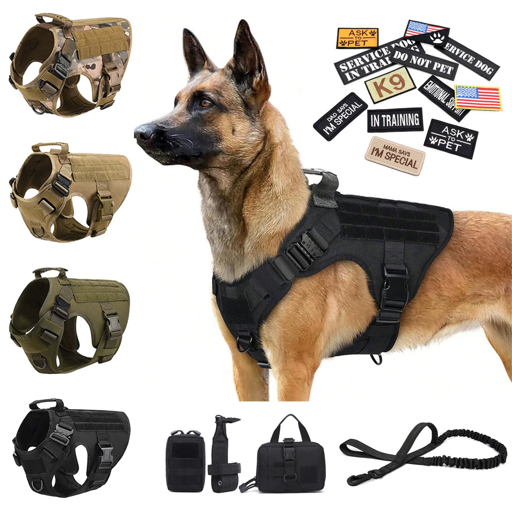 Military Large Dog Harness Collar Leash Bags Patches Set Pet Malinois Training Vests Tactical Dogs Harnesses Accessories