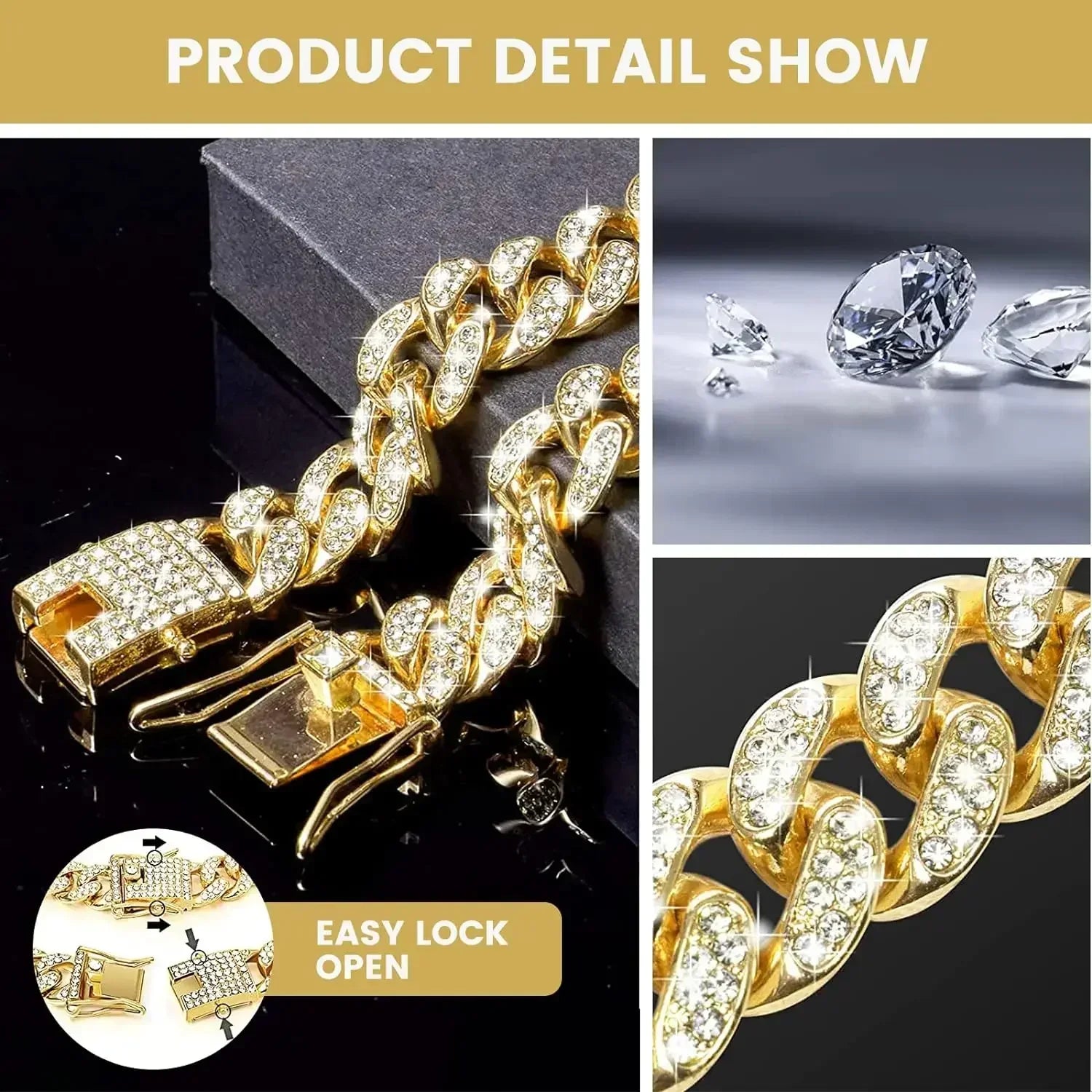 Dog chain, diamond Cuban collar, walking metal chain collar with safety design buckle, pet cat Cuban collar, jewelry accessories