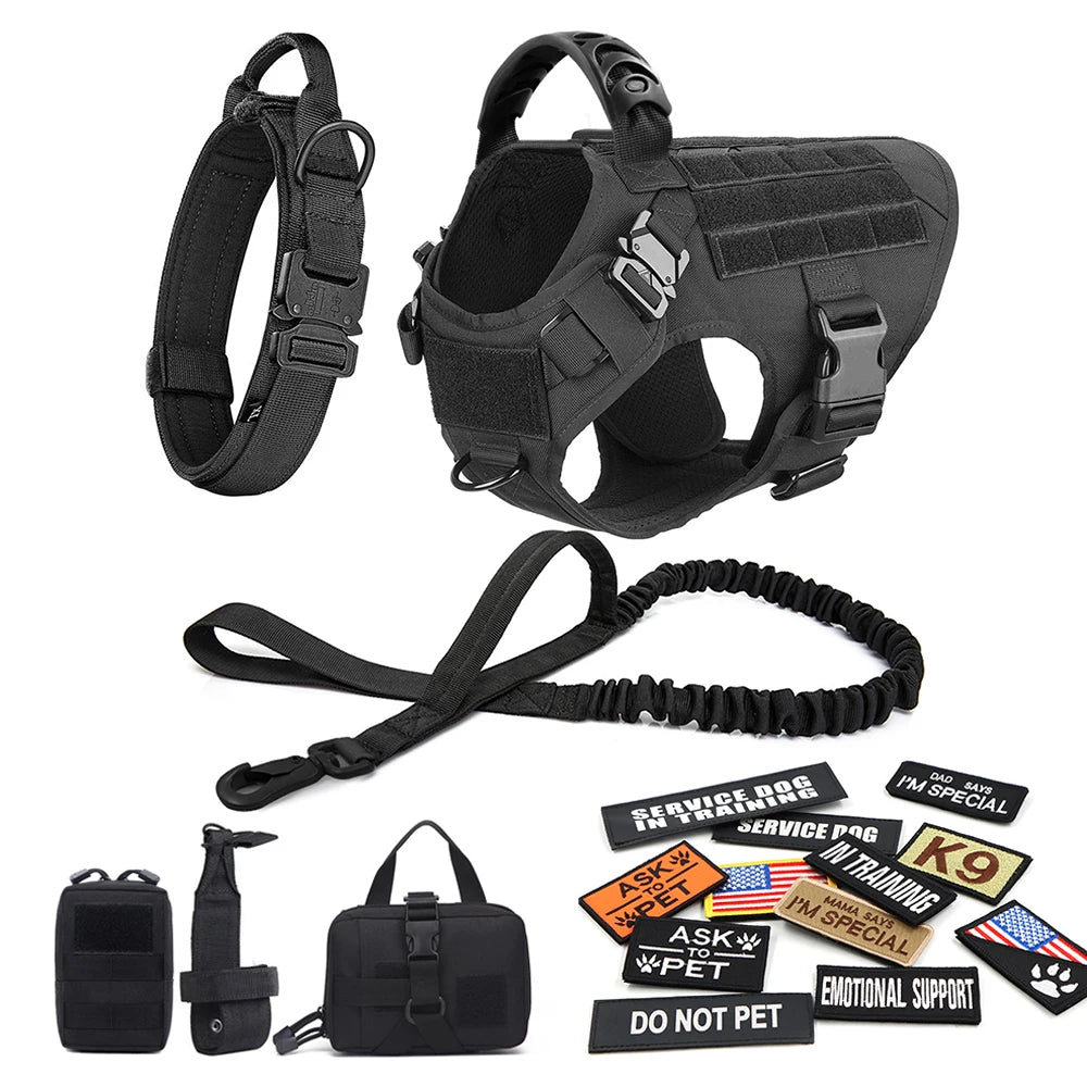 Military Large Dog Harness Collar Leash Bags Patches Set Pet Malinois Training Vests Tactical Dogs Harnesses Accessories