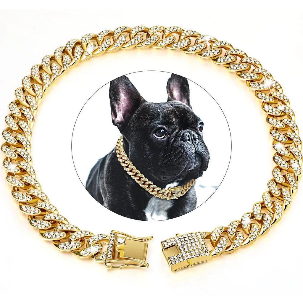 Dog chain, diamond Cuban collar, walking metal chain collar with safety design buckle, pet cat Cuban collar, jewelry accessories