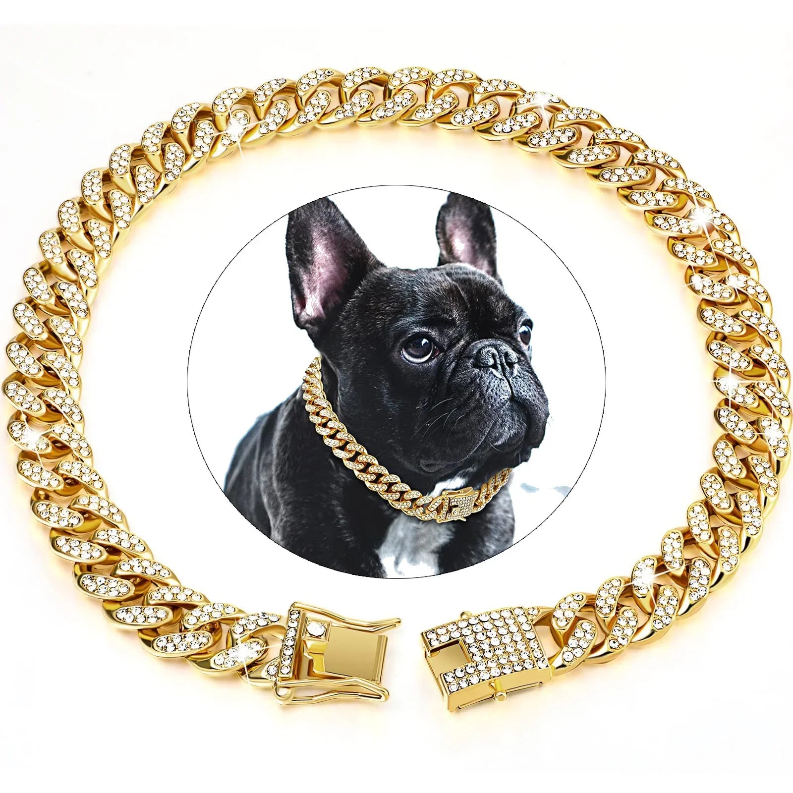 Dog chain, diamond Cuban collar, walking metal chain collar with safety design buckle, pet cat Cuban collar, jewelry accessories